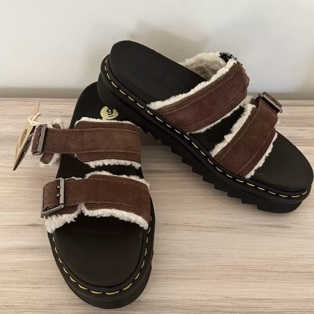 Doc Martens Myles Fur Lined Buckle Slide Sandals‎ Dark Brown Suede Men’s 9